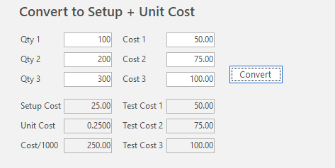 Convert to Setup + Unit Cost calculator, showing three quantities and costs converted to a setup cost and unit cost