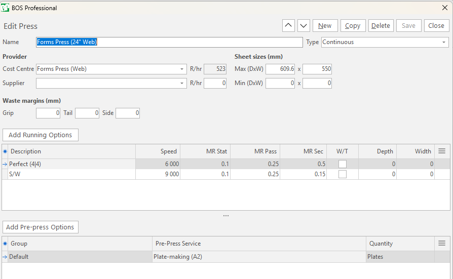 Edit Press screen for a web press, with its Cost Centre, sheet sizes, Running Options and Pre-press Options