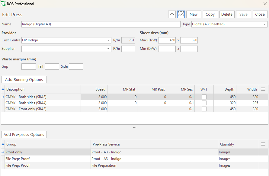 Edit Press screen for a digital press, with three Running Options and Pre-press Options in the Proof only and File Prep; Proof groups
