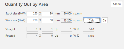 Quantity Out by Area calculator, showing the stock and work sizes and how many fit straight and rotated