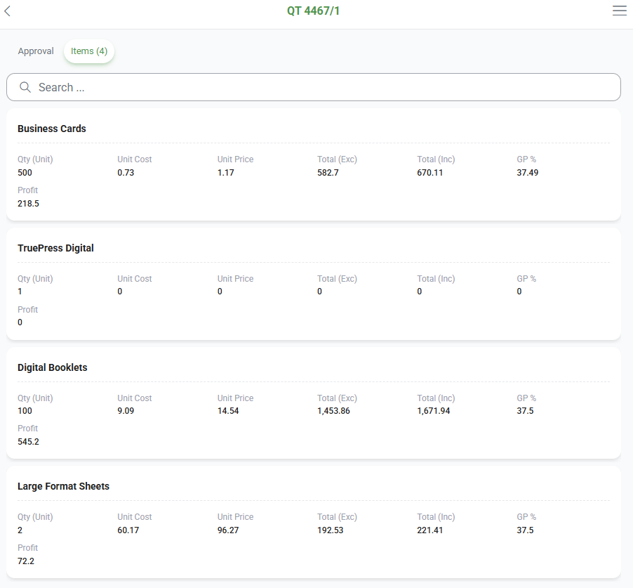 Items tab of a quotation in the mobile app, showing a search box and a card per item with Qty (Unit), Unit Cost, Unit Price, Total (Exc), Total (Inc), GP % and Profit