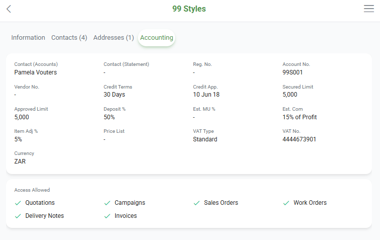 Accounting tab of a customer in the mobile app, showing the account details and the Access Allowed checklist