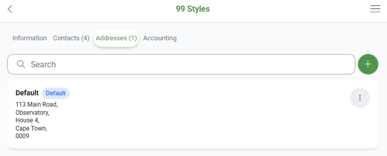 Addresses tab of a customer in the mobile app, showing the default address