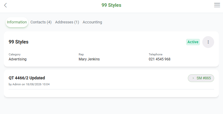 Information tab of a customer in the mobile app, showing the status, category, rep, telephone and the latest activity