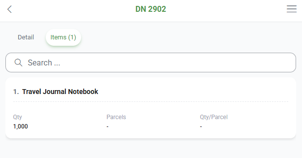 Items tab of a delivery note in the mobile app, showing an item with its Qty, Parcels and Qty/Parcel