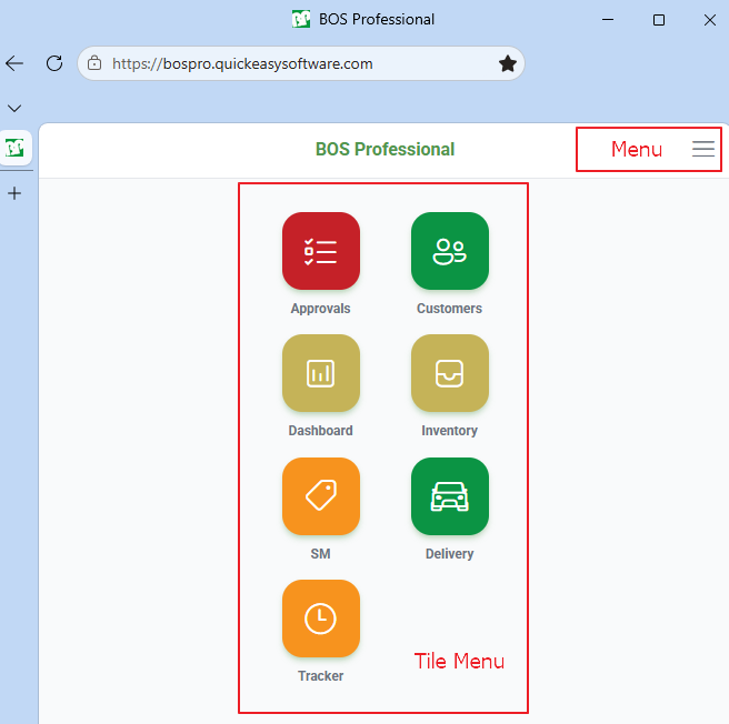 Mobile app Home screen in a browser, with the Menu icon in the top bar and the tile menu: Approvals, Customers, Dashboard, Inventory, SM, Delivery and Tracker