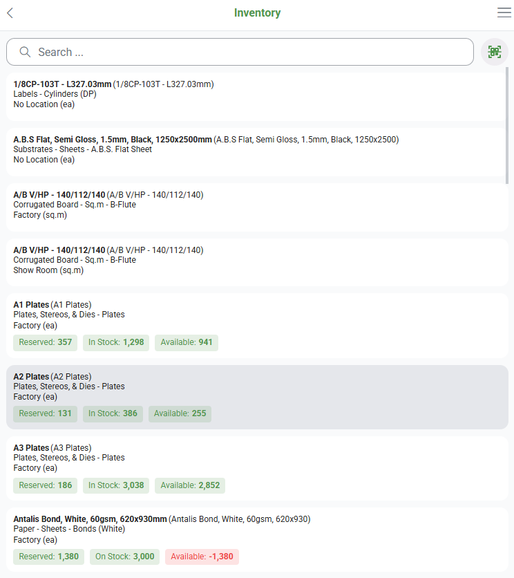 Inventory list in the mobile app, showing each material with its category, location and unit, and Reserved, In Stock and Available quantities