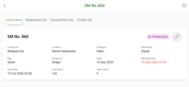 Information tab of a Service Manager ticket in the mobile app, showing the status, customer, contact, category, reference, rep, assignee, dates and hours