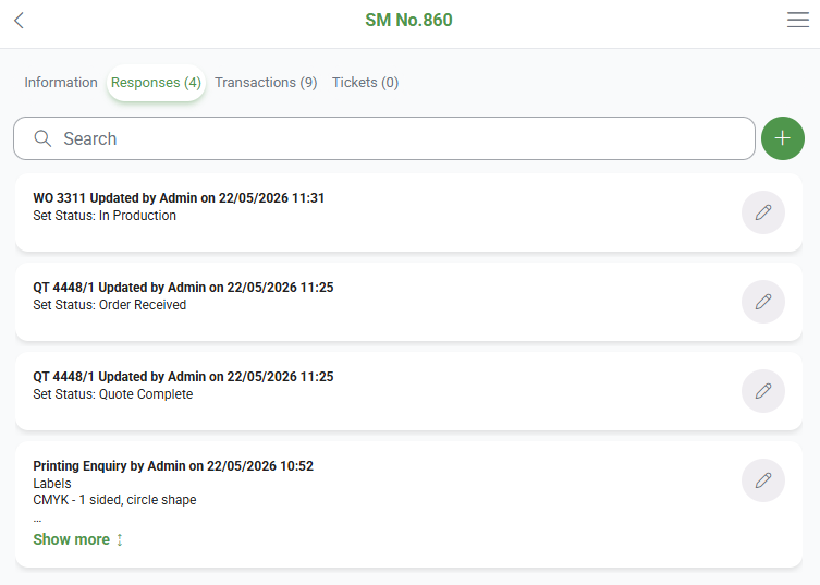 Responses tab of a Service Manager ticket in the mobile app, listing each response with its author, date and text