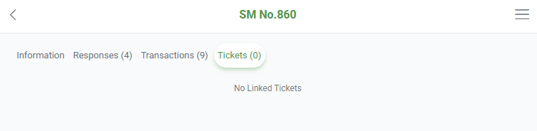 Tickets tab of a Service Manager ticket in the mobile app, showing No Linked Tickets