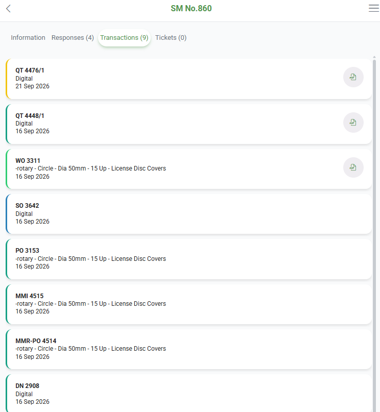 Transactions tab of a Service Manager ticket in the mobile app, listing the linked transactions with their reference and date